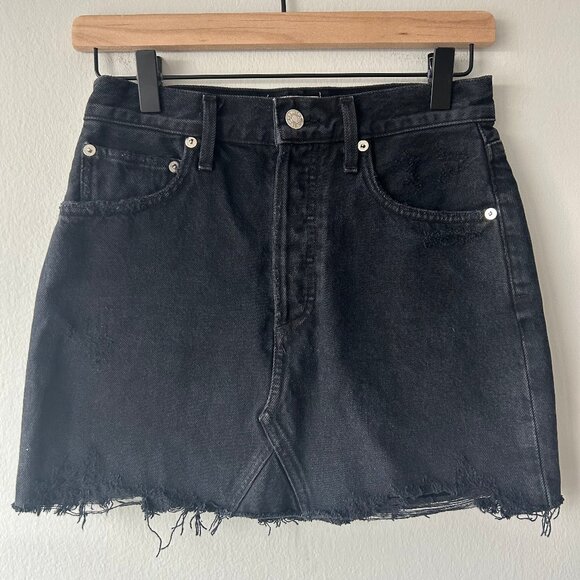 AGOLDE Parker Raw Hem Black Distressed Denim Mini Skirt Women's Size 25 - Picture 2 of 9